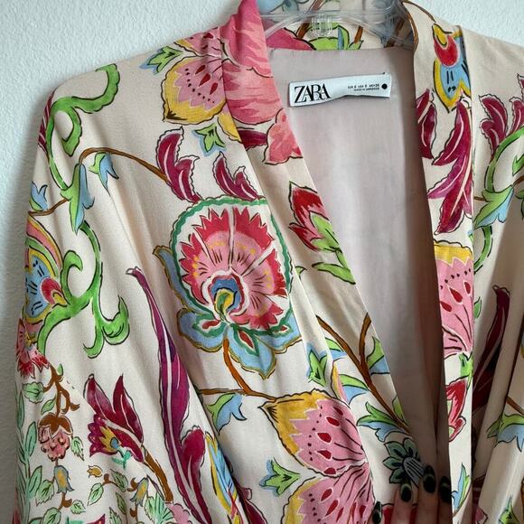New ZARA Floral Printed Long Kimono Belted Side Slits Fully Lined Size Small S - Picture 9 of 11